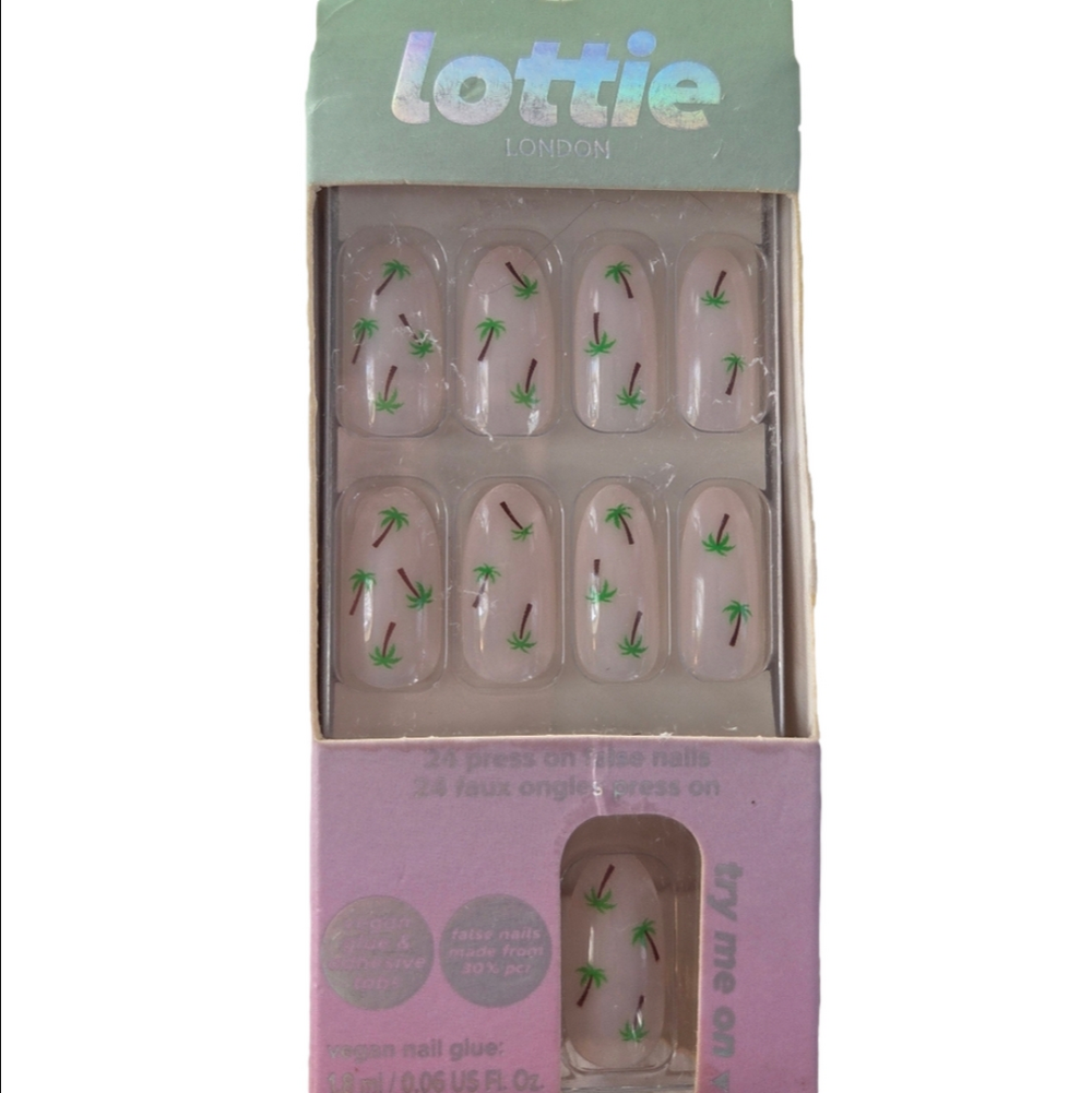 Lottie London Medium Almond False Nails Paradise Pink Green Brown Palm Tree